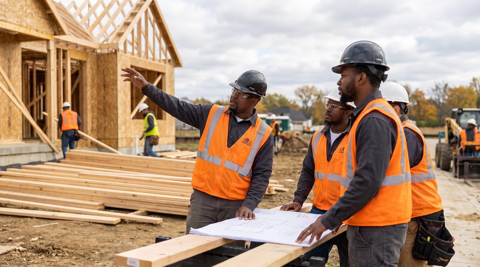 Construction crew wearing branded high-visibility safety vests over embroidered work shirts on an Indiana jobsite