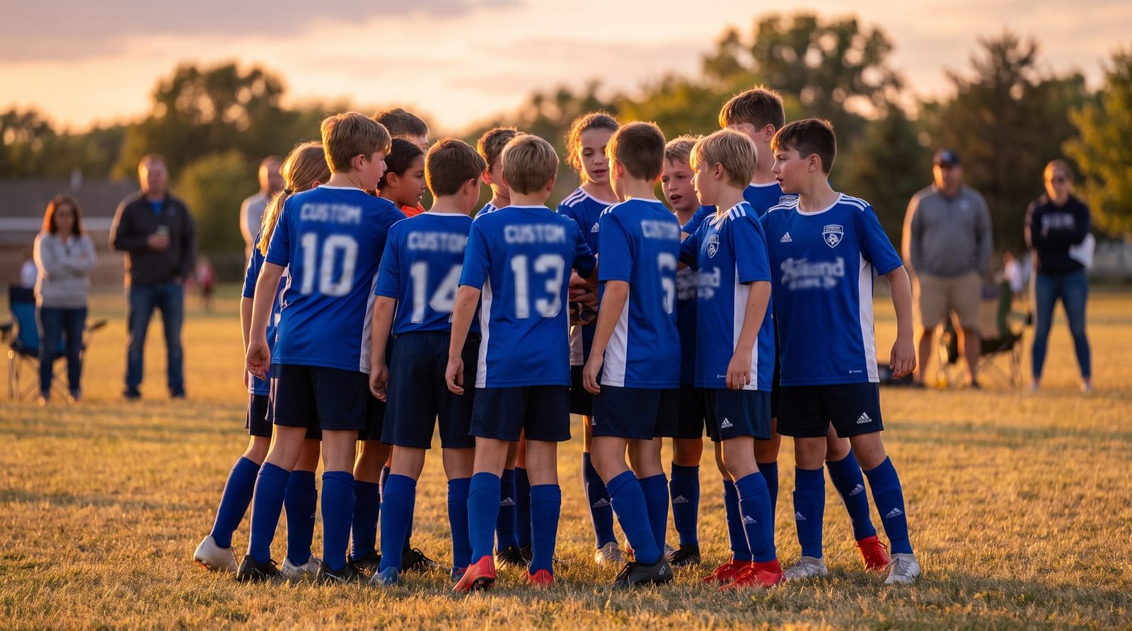 Youth sports team wearing matching custom printed jerseys on a field