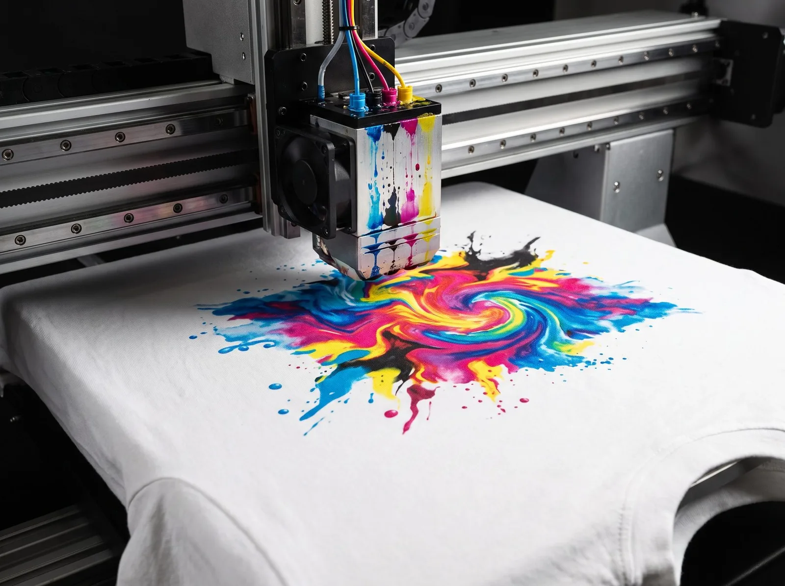 Direct-to-garment printer head printing a vibrant full-color design onto a white t-shirt