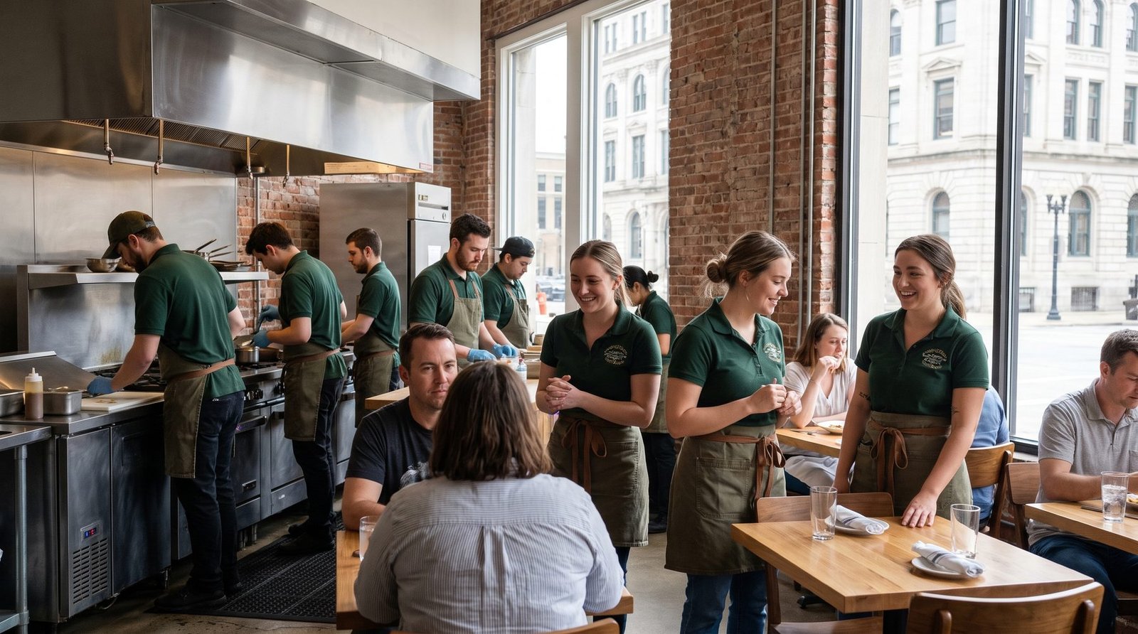 Restaurant staff wearing matching branded aprons and embroidered polo shirts