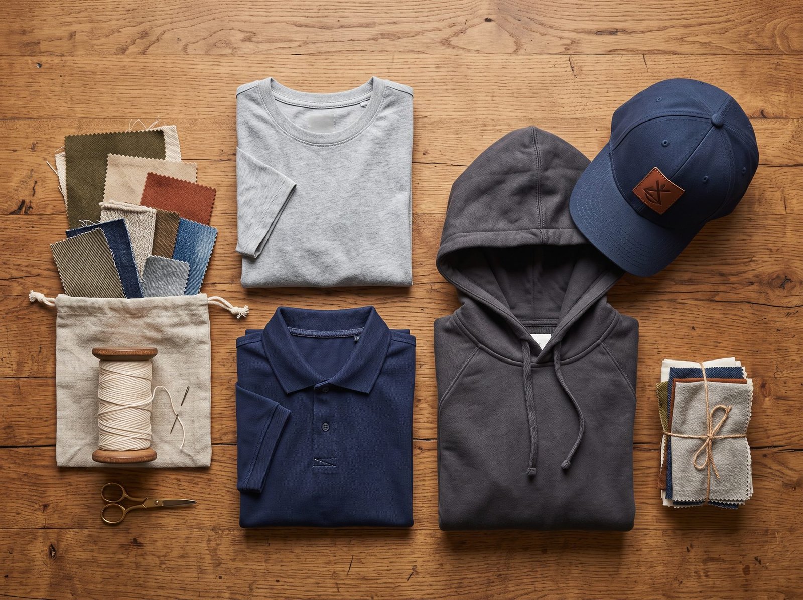 Flatlay of an assortment of custom apparel including a t-shirt, polo, cap and hoodie
