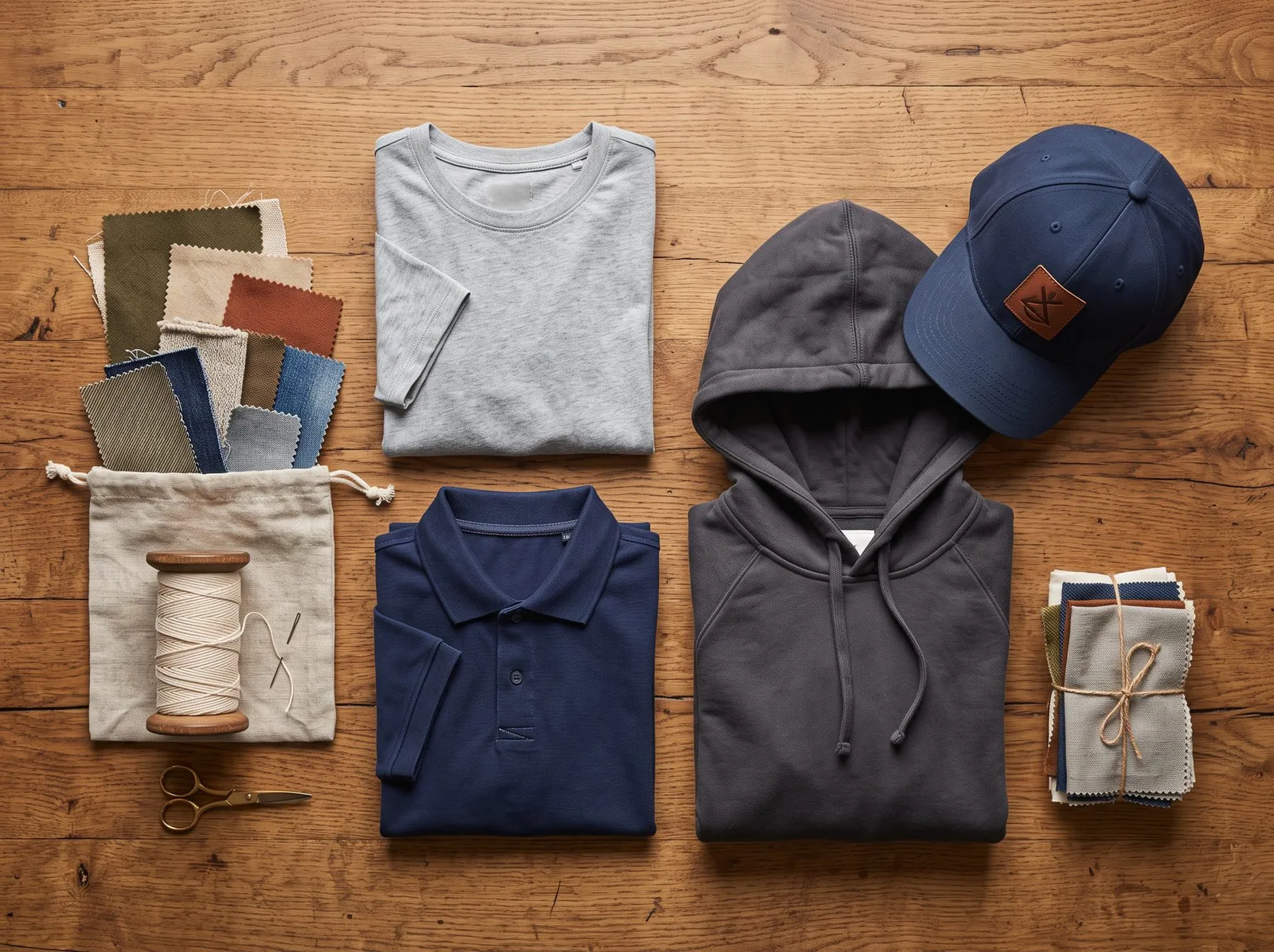 Flatlay of an assortment of custom apparel including a t-shirt, polo, cap and hoodie