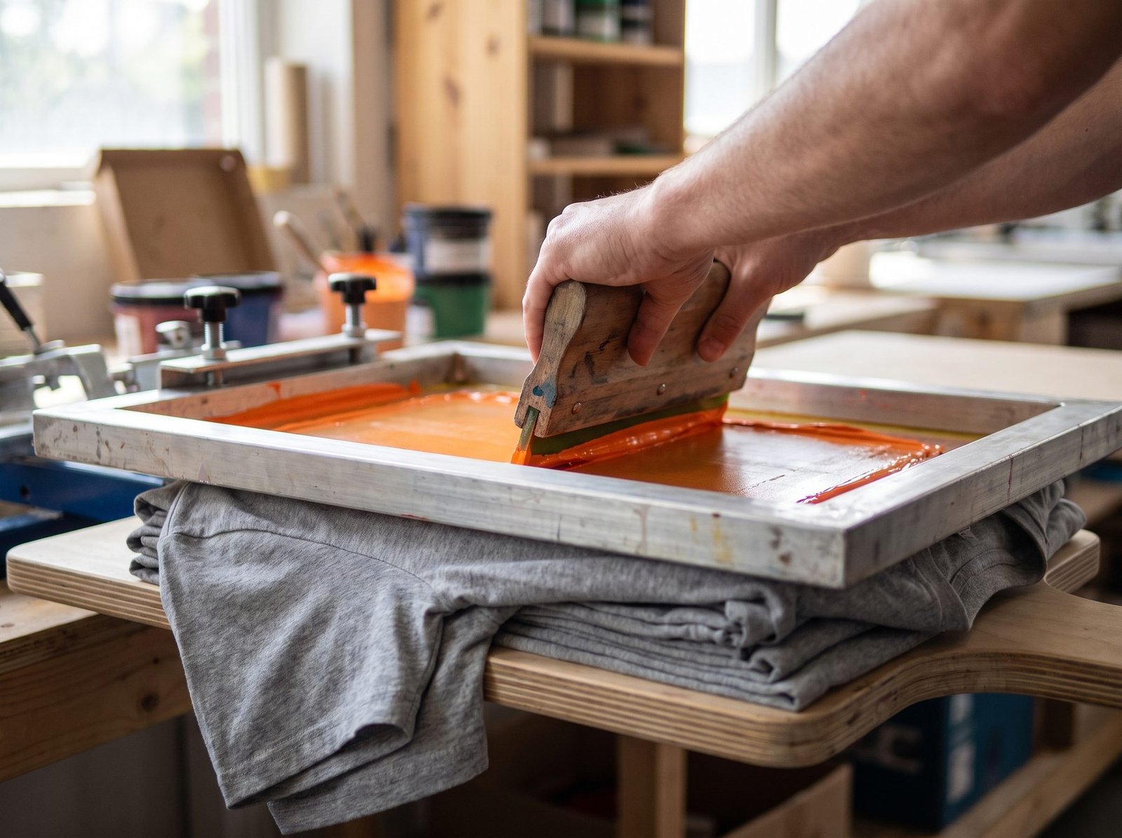 Screen printing press pulling ink across a mesh screen onto folded blank t-shirts
