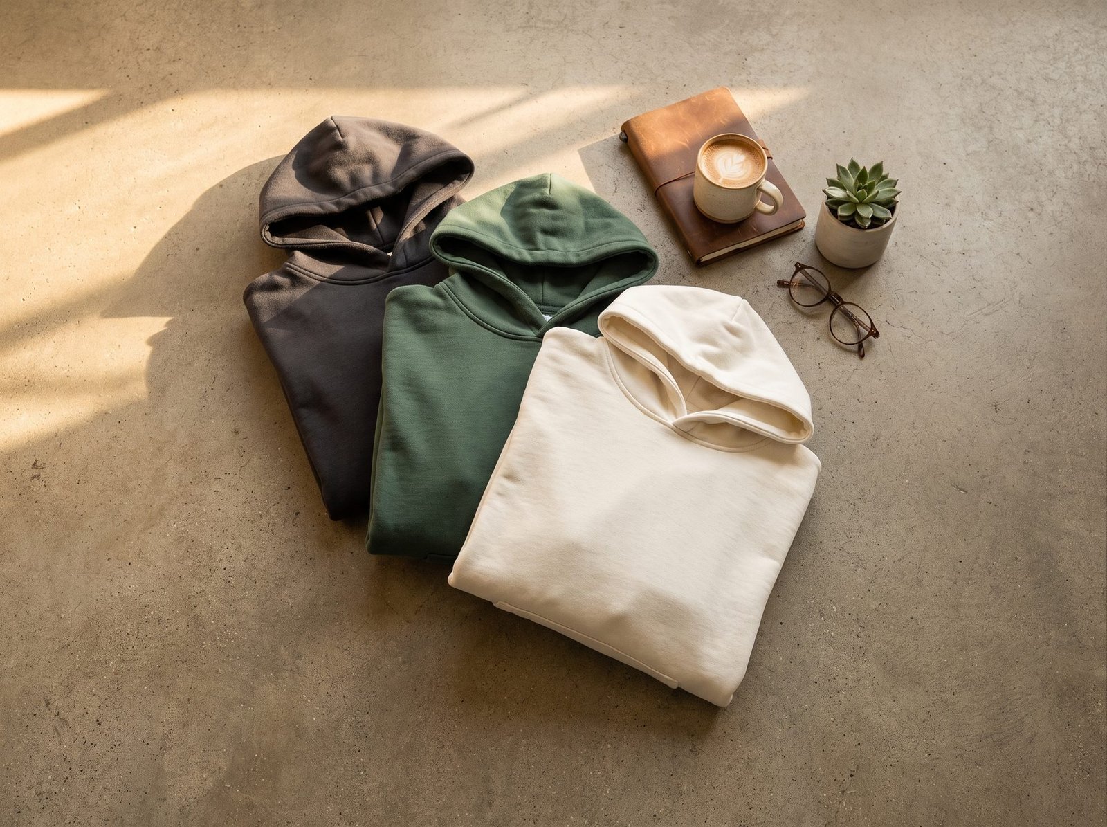 Lifestyle flatlay of folded pullover hoodies in charcoal, forest green and cream