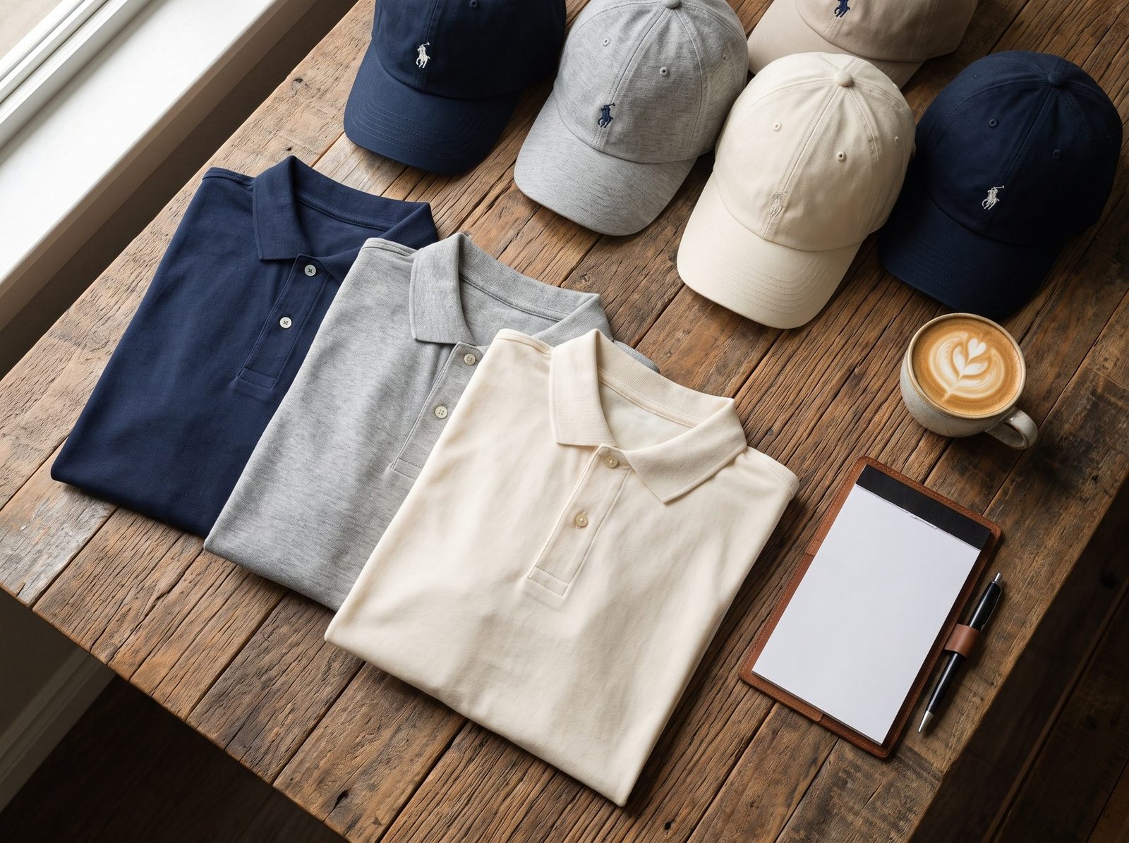 Folded branded polo shirts and embroidered caps arranged on a wood table