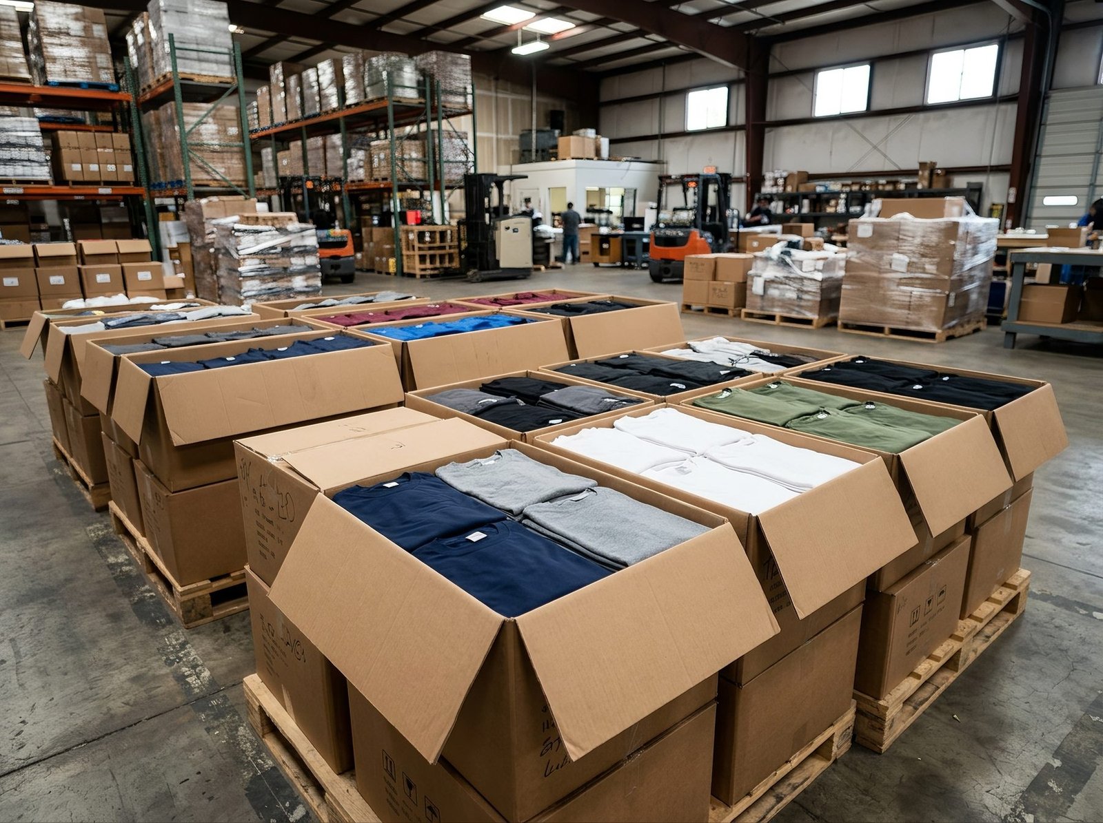 Folded stacks of blank cotton t-shirts in a warehouse ready for bulk custom printing