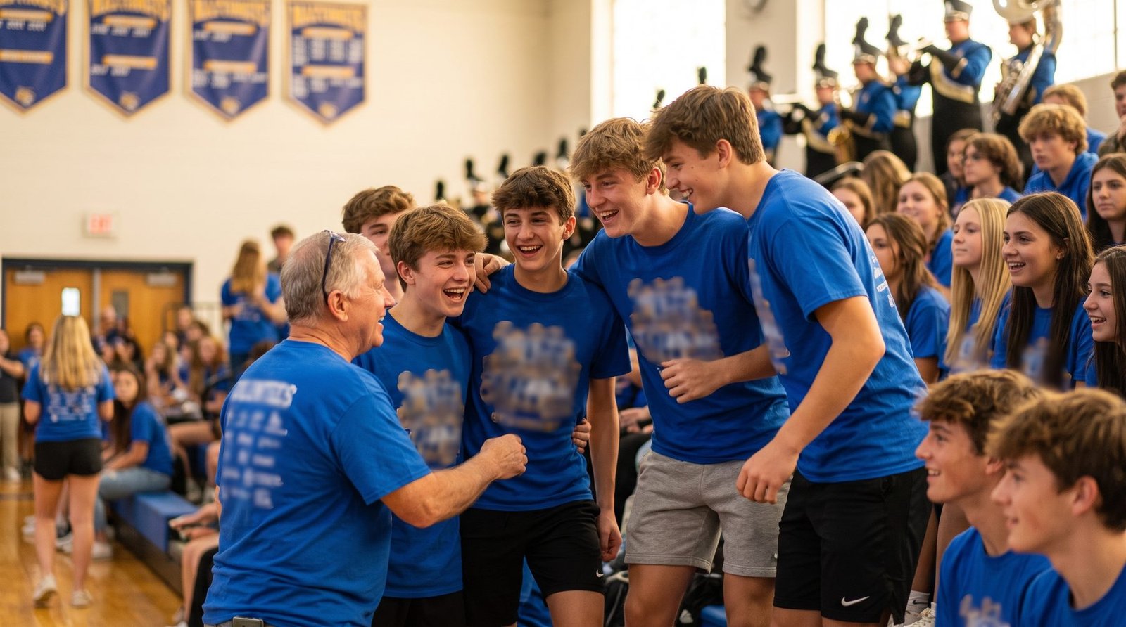 Students wearing matching spirit wear t-shirts at a school pep rally