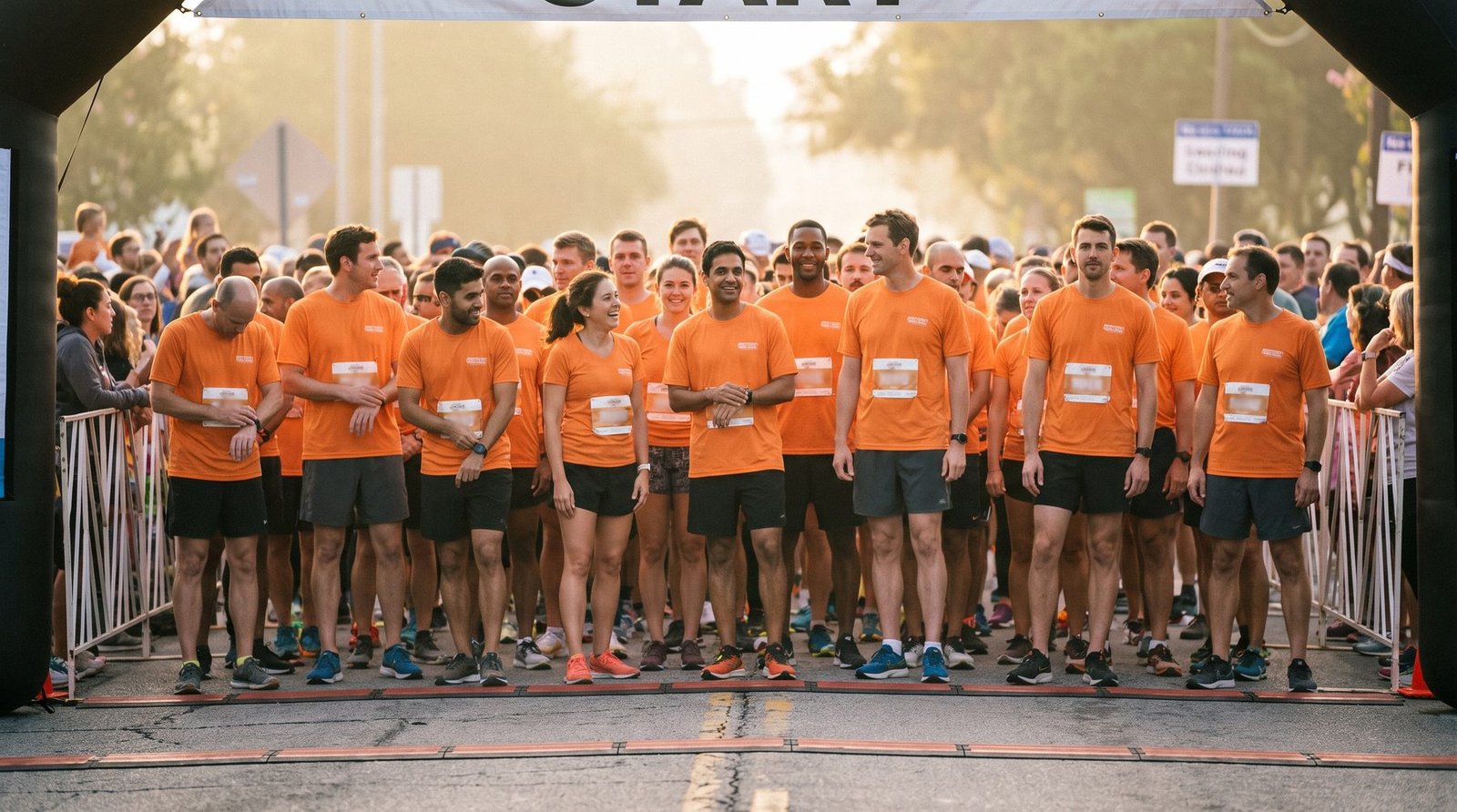 Runners at the starting line of a charity 5k race wearing matching event t-shirts