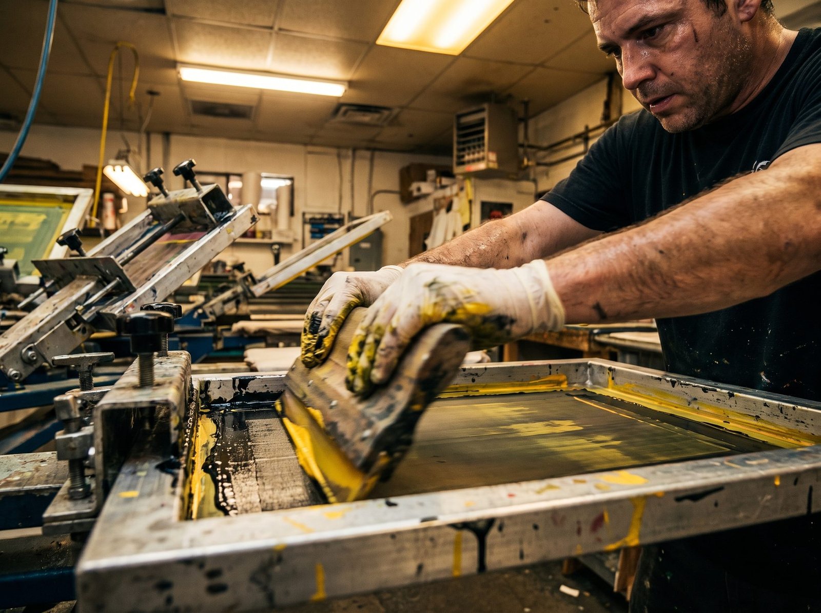 Screen printing press operator working quickly with motion blur, urgent production pace