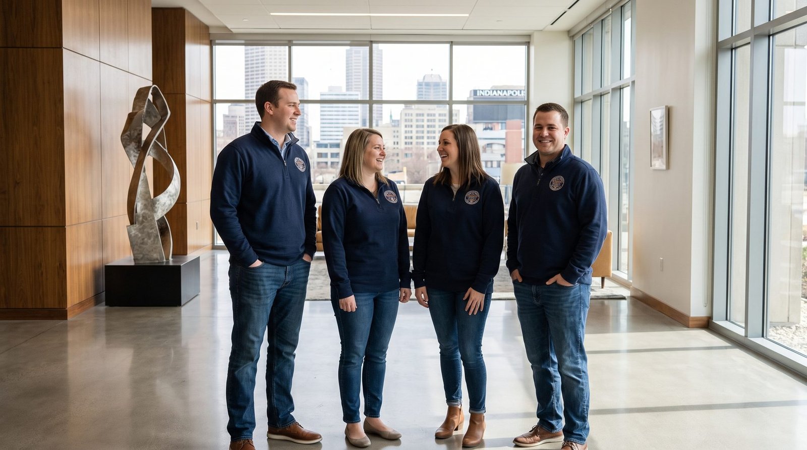 Professional office team wearing matching branded quarter-zip pullovers in a modern office lobby