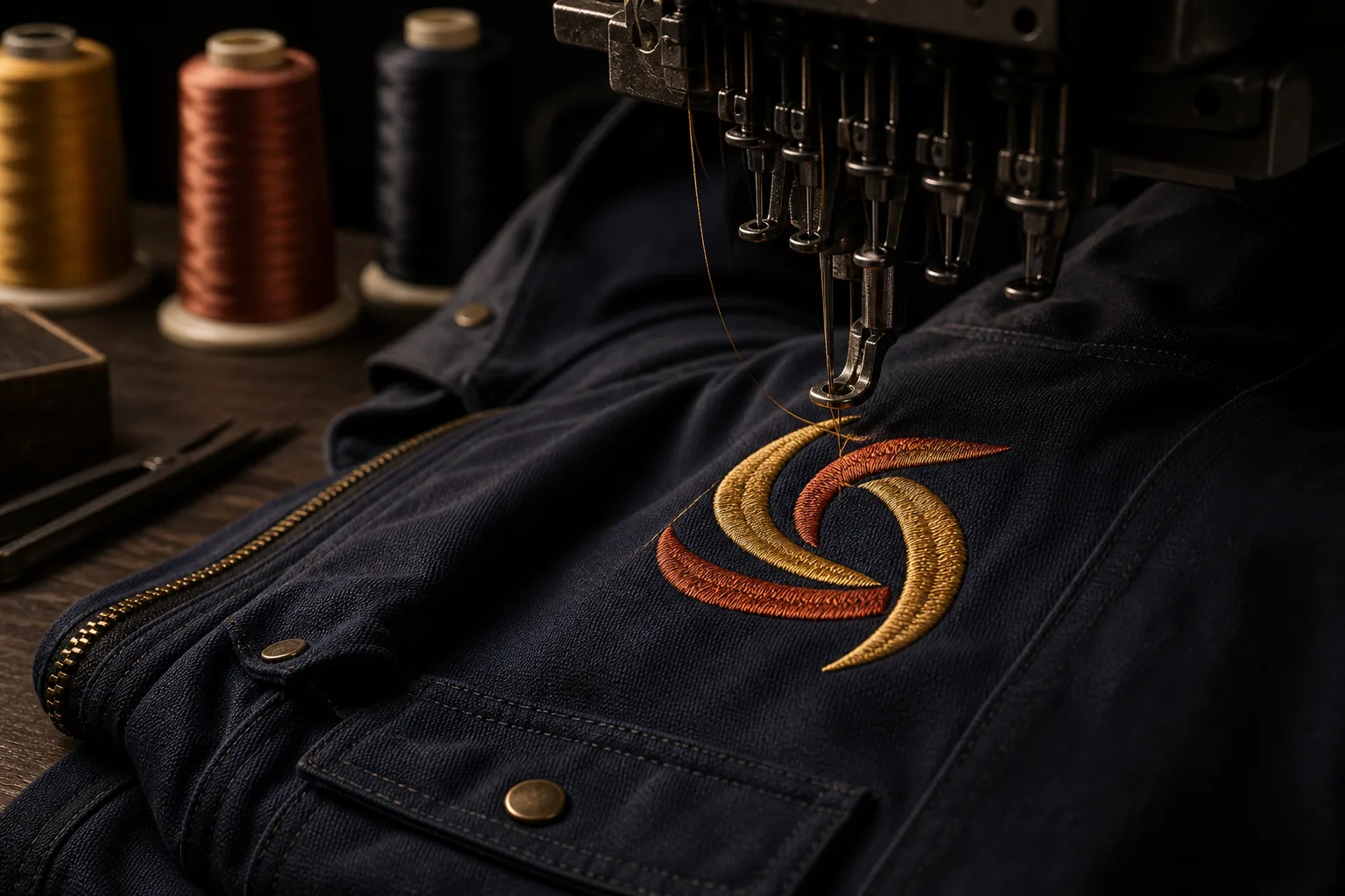 Illustrative embroidery image accompanying a buyer checklist for digitizing and proof approval