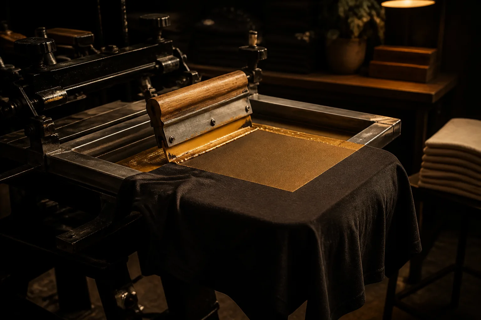 DTF heat press applying a colorful printed transfer film onto a black t-shirt